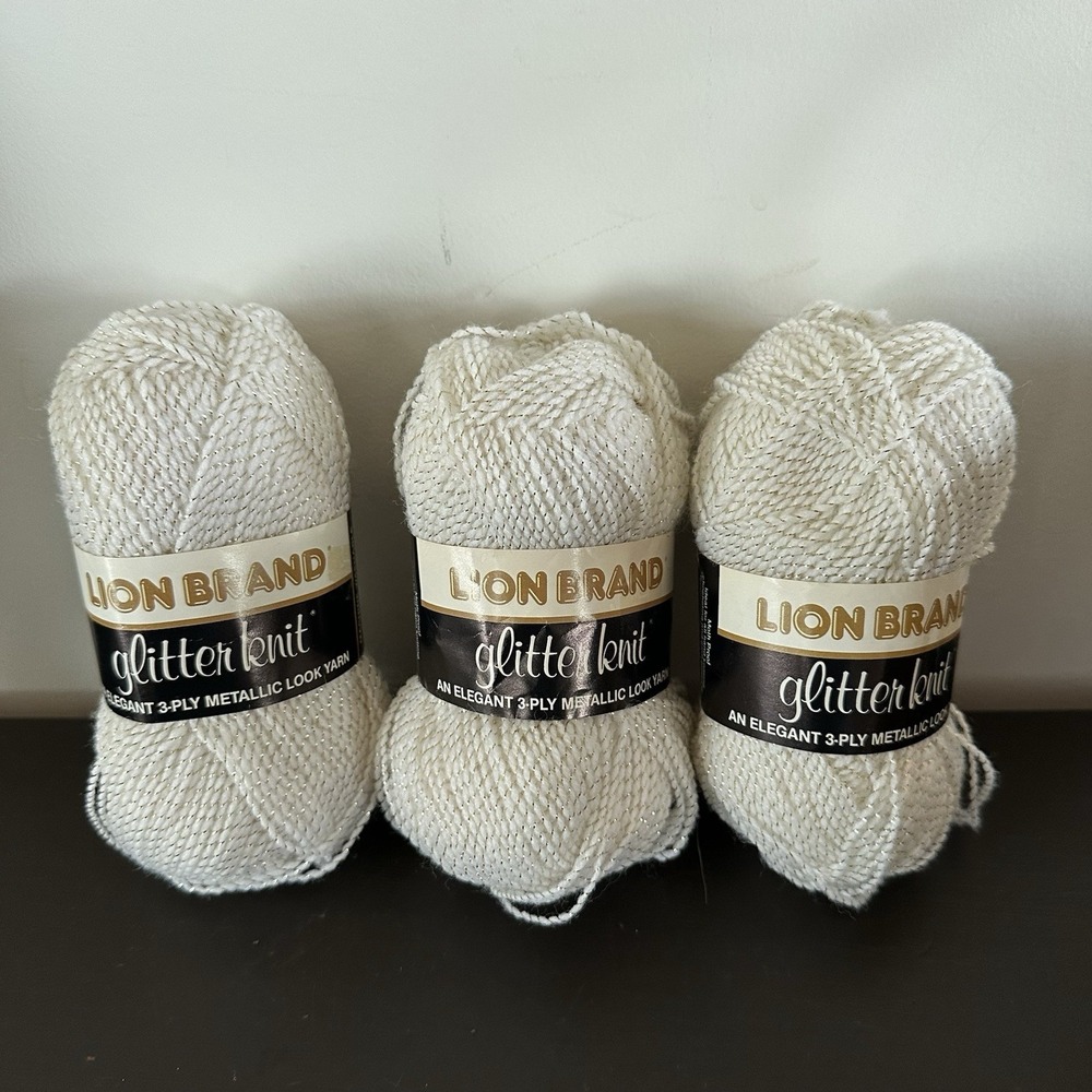 Lot of 3 Lion Brand Glitter Knit 3 Ply Metallic Yarn White Gold 271 No Dye Lot
